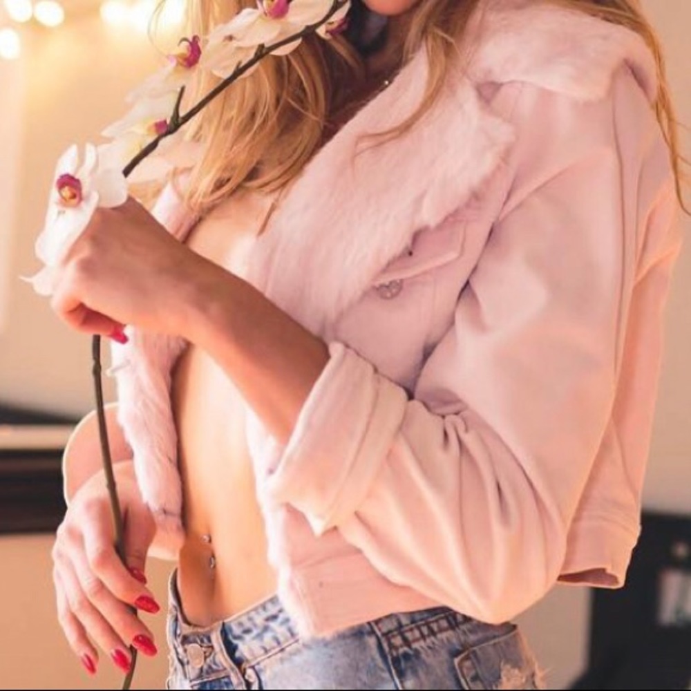 Light Pink Corduroy Crop Jacket with Fur Collar